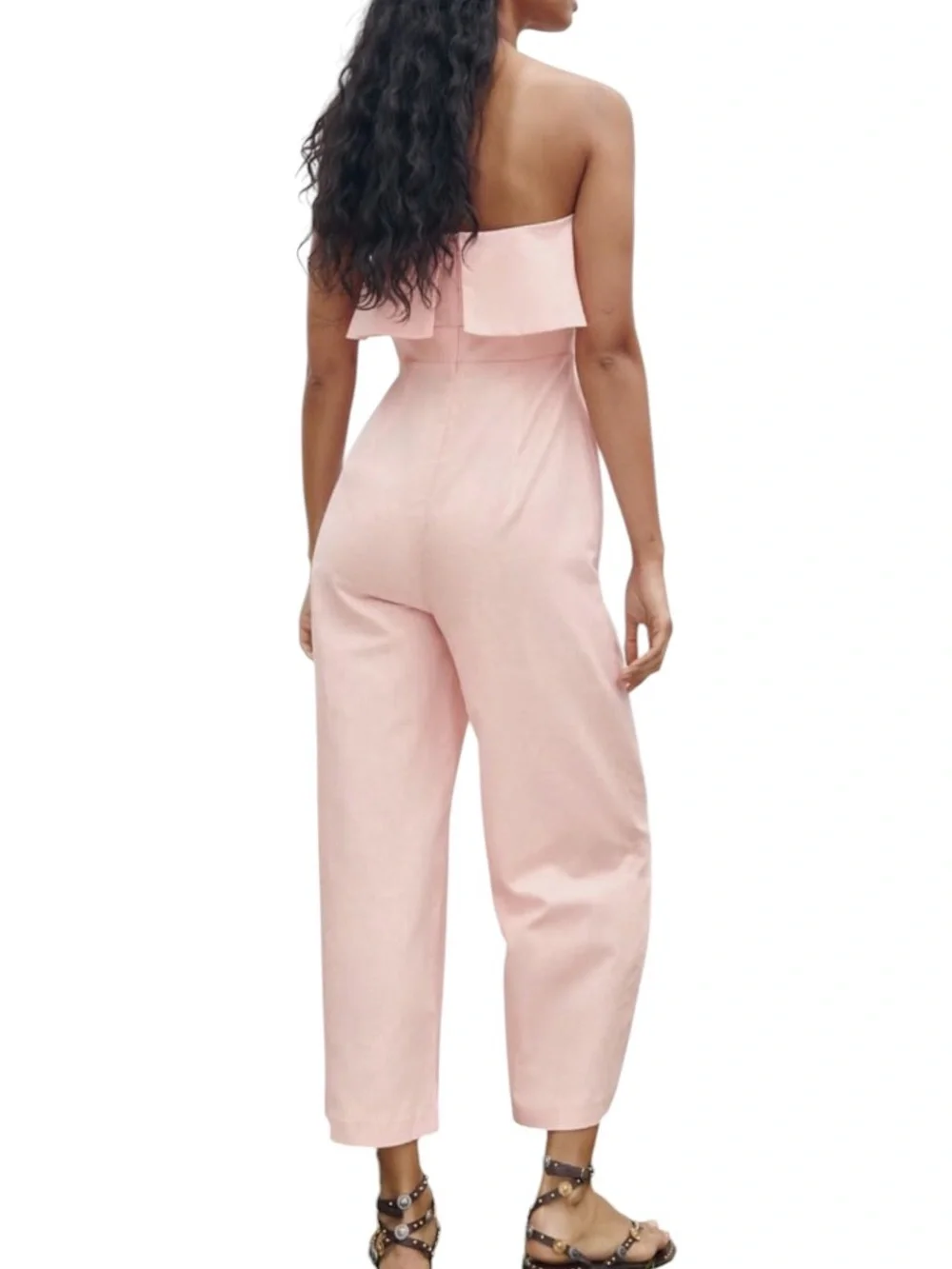 Zara Pink Linen Strapless Cropped Wide Leg Jumpsuit - S